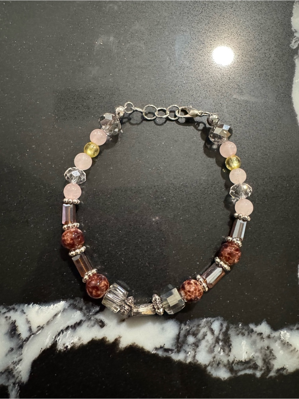 Handmade Multicolor Beaded Bracelet with Pink, Brown and Clear Accents